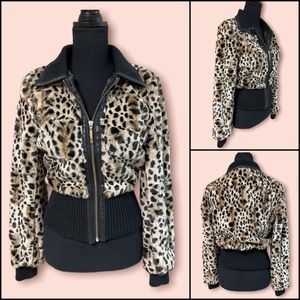 Leopard Faux Fur Bomber Jacket with Ribbed Waist